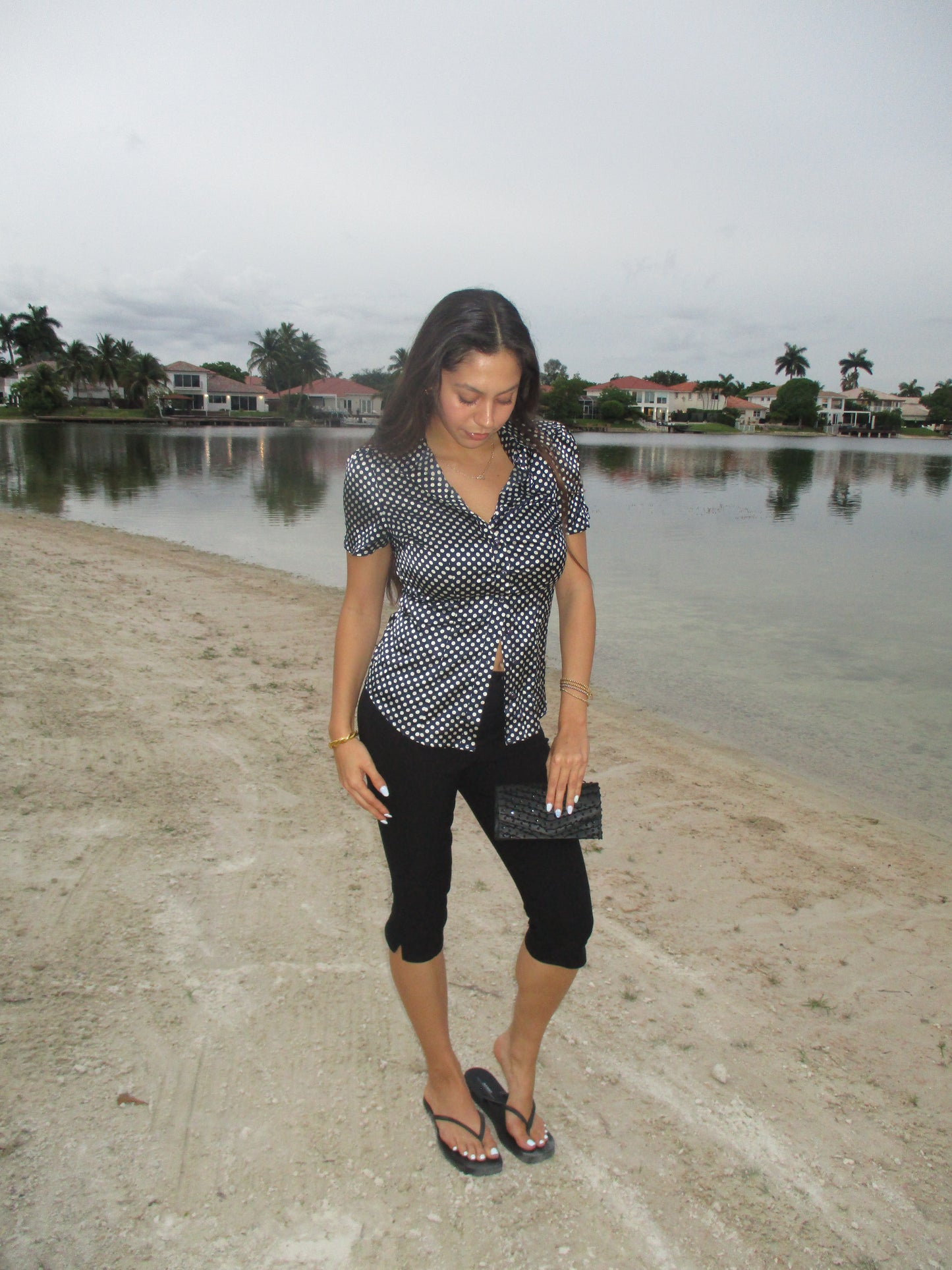 Vintage navy polka dot top